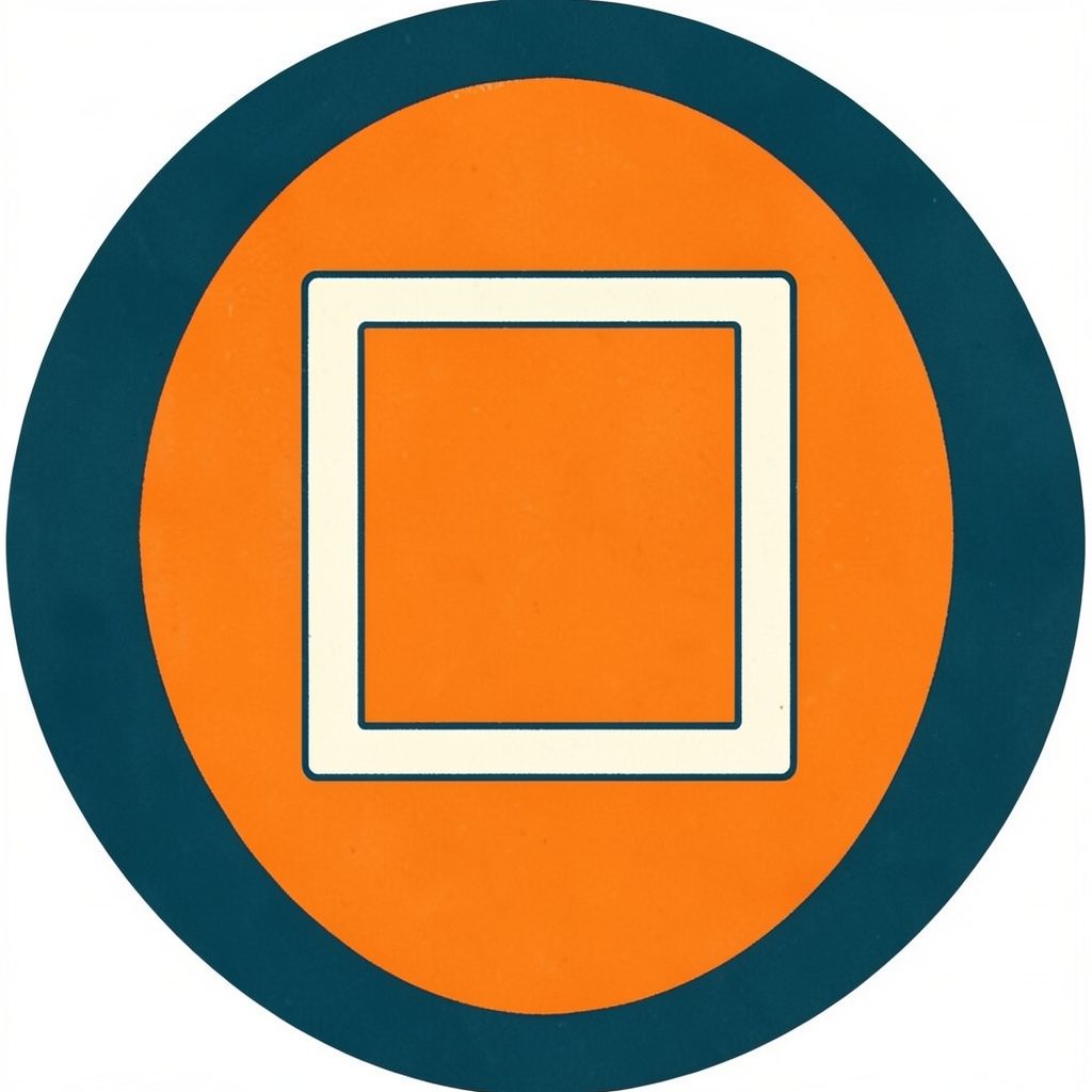 A simple line-art icon of a gallery frame in off-white on a dark teal circular badge