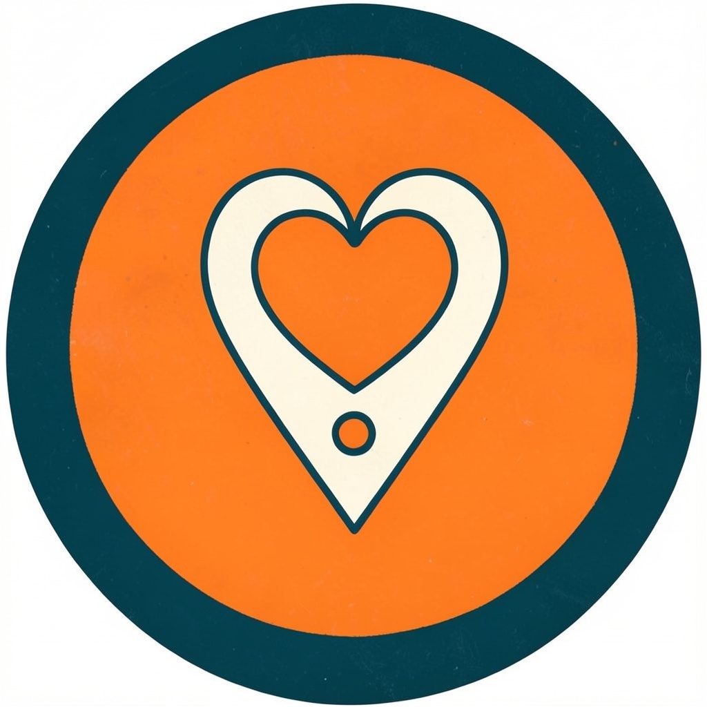 A simple line-art icon of a heart inside a map pin in off-white on a dark teal circular badge
