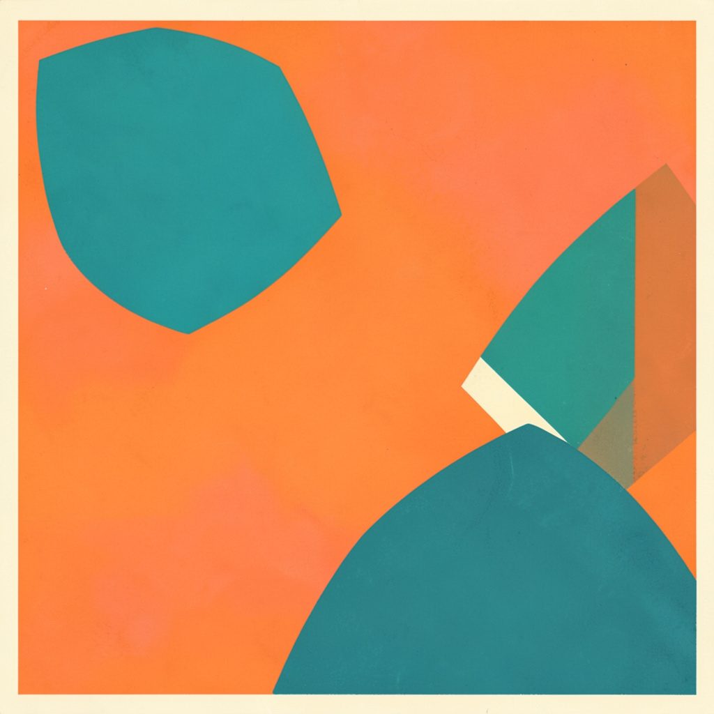 A matte gouache poster painting of abstract geometric shapes in teal, coral orange, and cream, arranged in a balanced composition