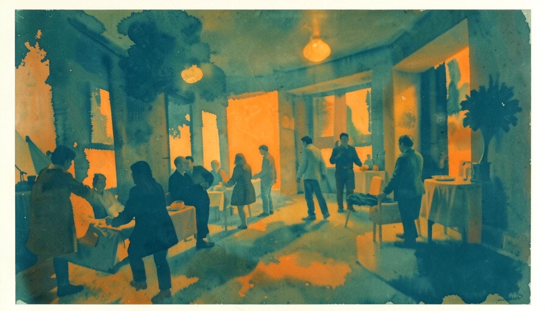 A matte gouache poster painting in deep teal and muted sage tones, with soft abstract washes suggesting a gathering space