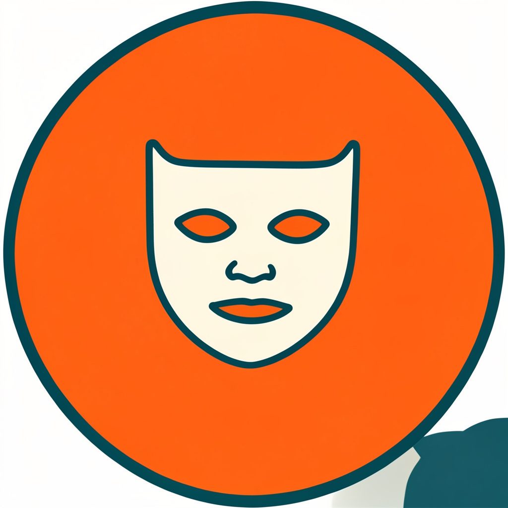 A simple line-art icon of a theater mask in off-white on a dark teal circular badge