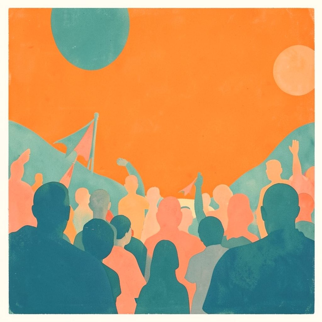 A matte gouache poster painting with layered teal and coral shapes evoking a festival atmosphere, with soft warm light across the composition