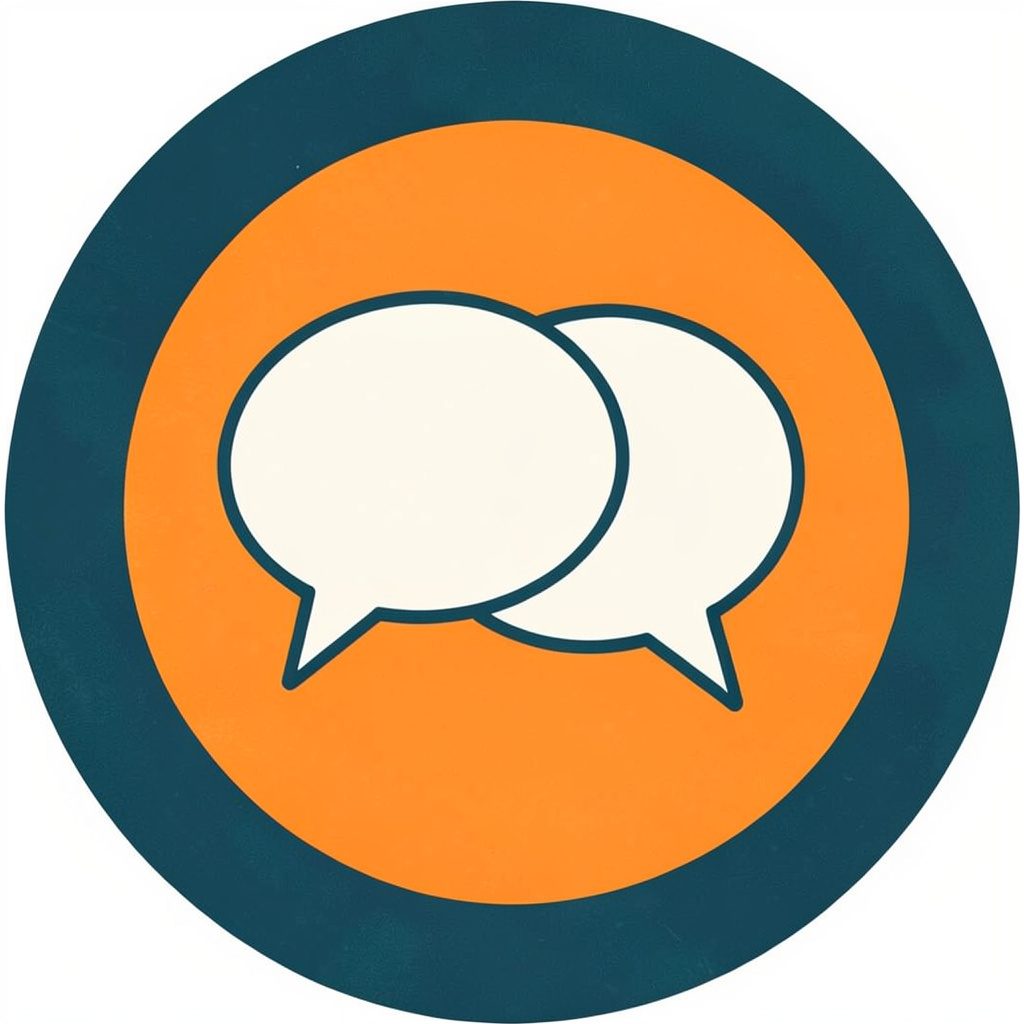 A simple line-art icon of two overlapping speech bubbles in off-white on a dark teal circular badge